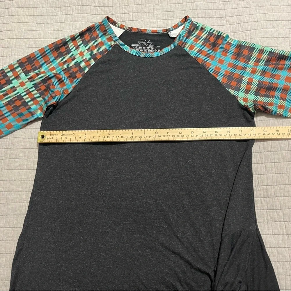 CRAZY TRAIN Black Multicolor Plaid 3/4 Sleeve Stretch Top Shirt Size M - Picture 3 of 5